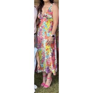 Les Reveries Dress Womens 6 Floral Plunge V Neck Tie Shoulder Slip Made USA